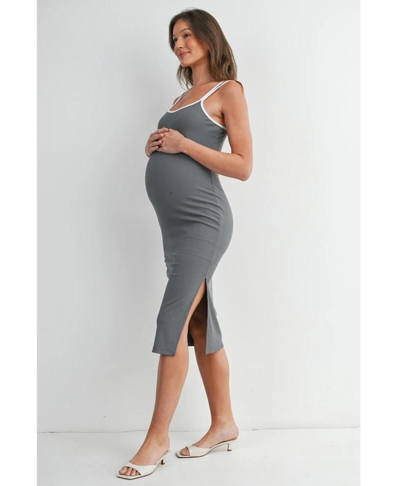 Hello Miz Maternity Ribbed Bodycon Midi Dress with Double Straps and Side Slit