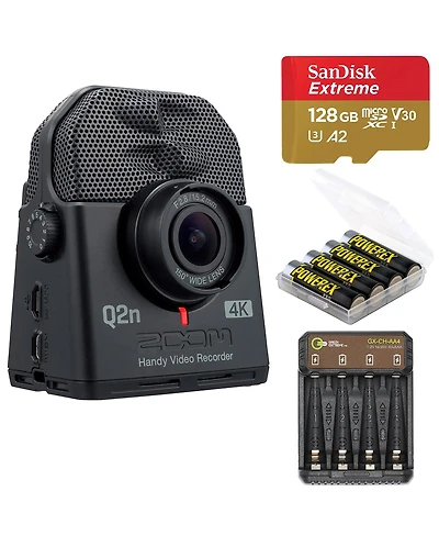 Zoom Q2n-4K Handy Video Recorder, Bundle with 128GB microSDXC Memory Card, 4x Aa NiMH Batteries and 4-Bay Charger