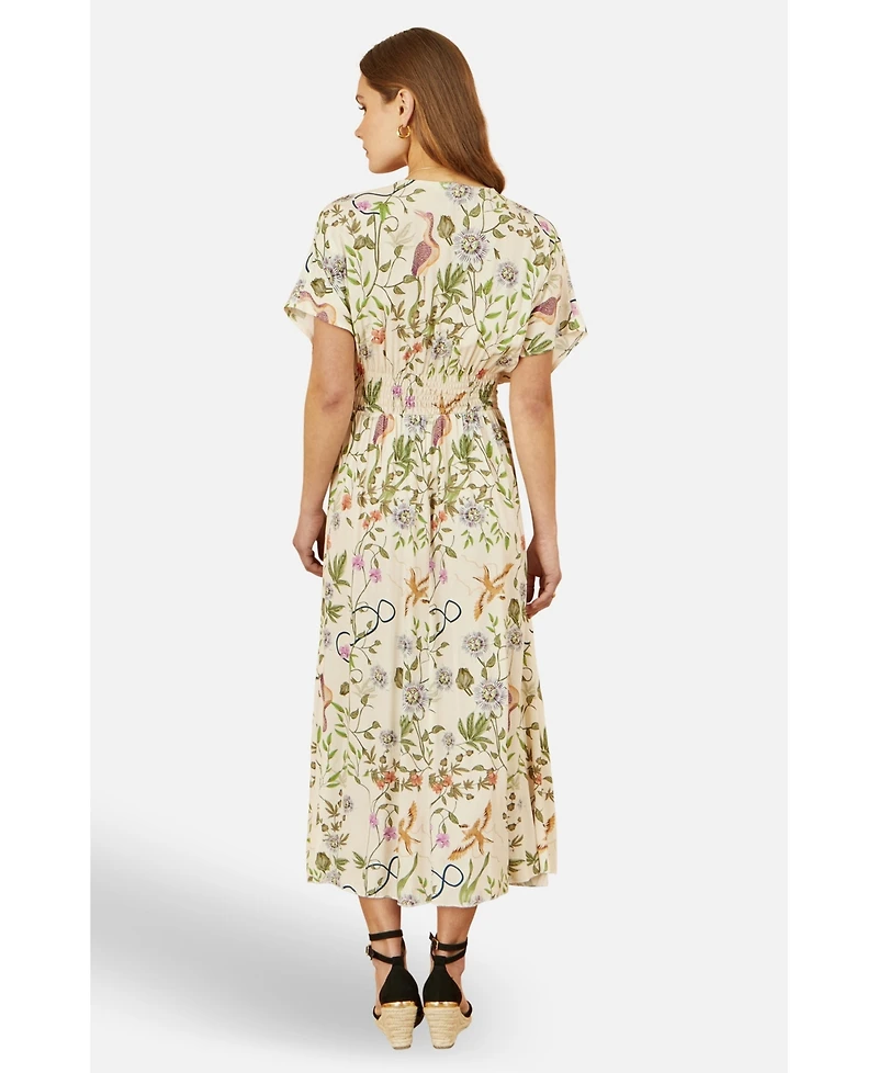 Yumi Women's Floral Print Ruched Waist Midi Dress