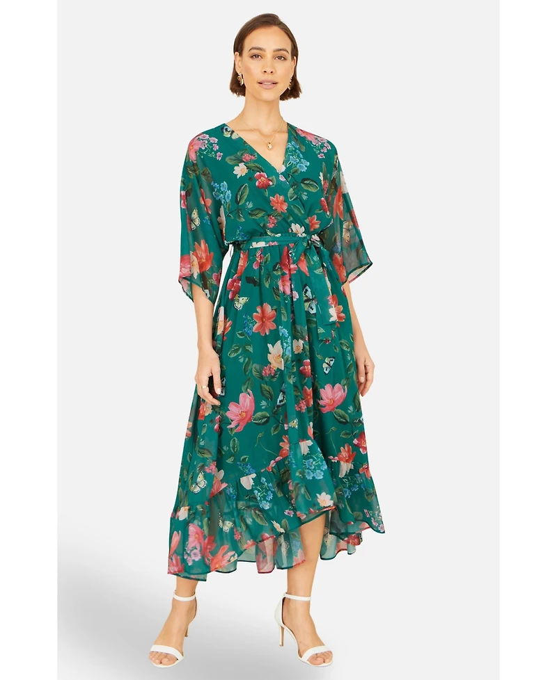 Yumi Women's Floral Dip Hem Kimono Wrap Dress