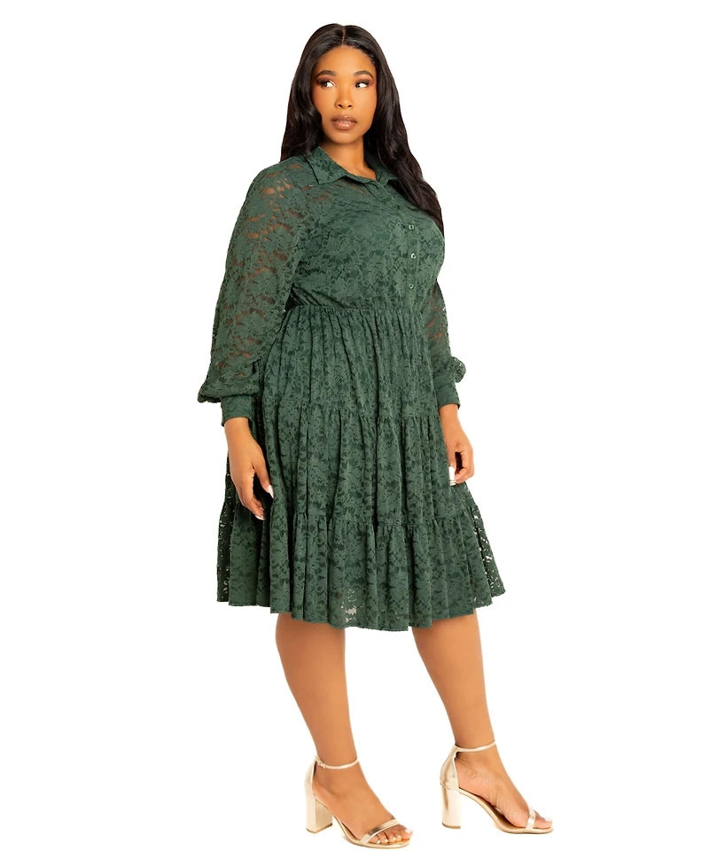 Buxom Couture Women's Plus Lace Long Sleeve Tiered Shirt Dress