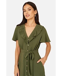 Yumi Women's Ruffle Collar Midi Shirt Dress