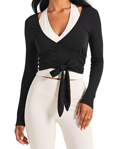 Modenaire Women's Wrap Front Long Sleeve Tie-Waist Crop Top