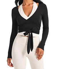 Modenaire Women's Wrap Front Long Sleeve Tie-Waist Crop Top