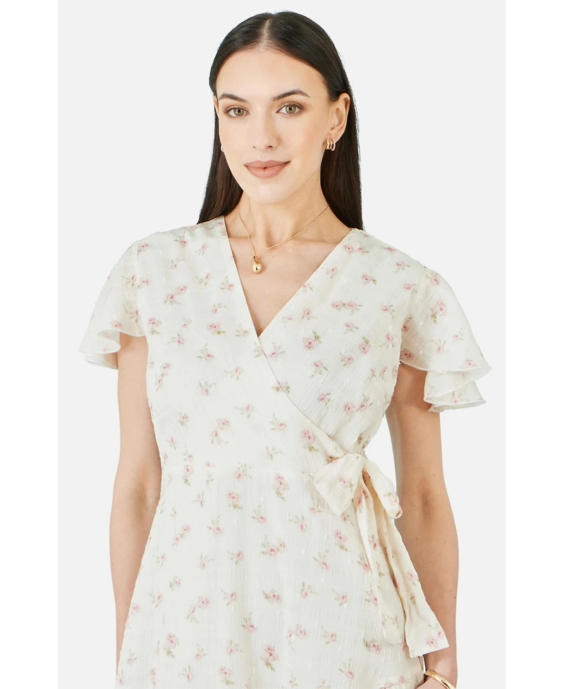 Yumi Women's Rose Print Wrap Over Frill Dress