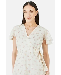 Yumi Women's Rose Print Wrap Over Frill Dress