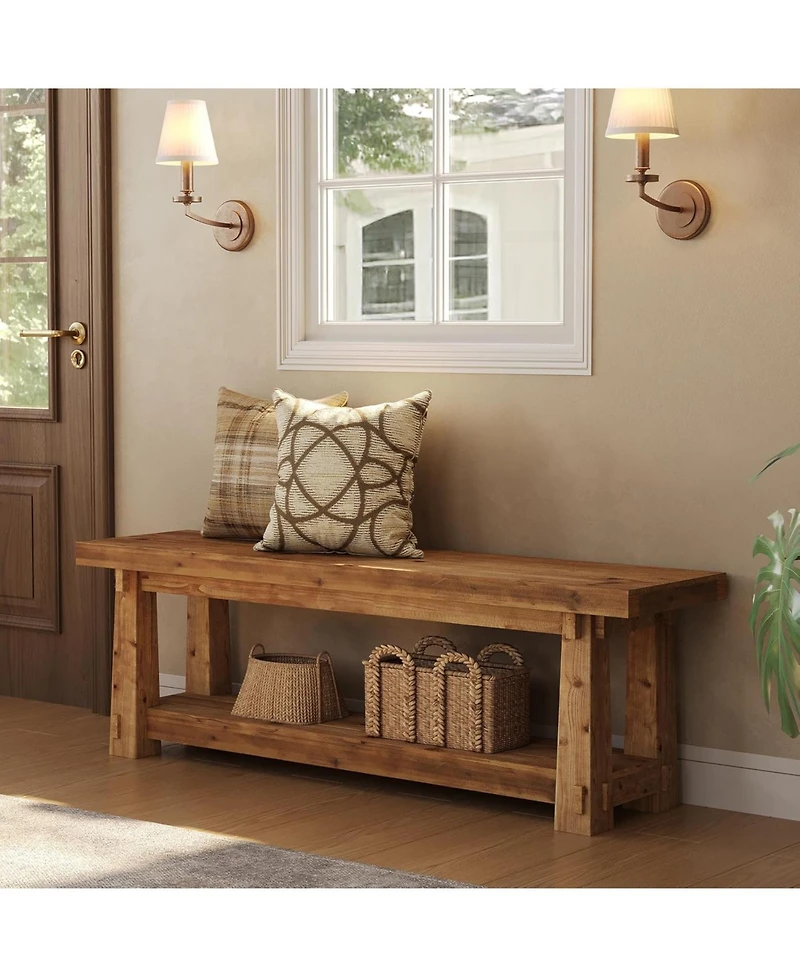Tribesigns 55" Solid Wood Entryway Bench with Shoe Storage, Rustic Charred Wood Grain Foyer Bench with Open Shelf