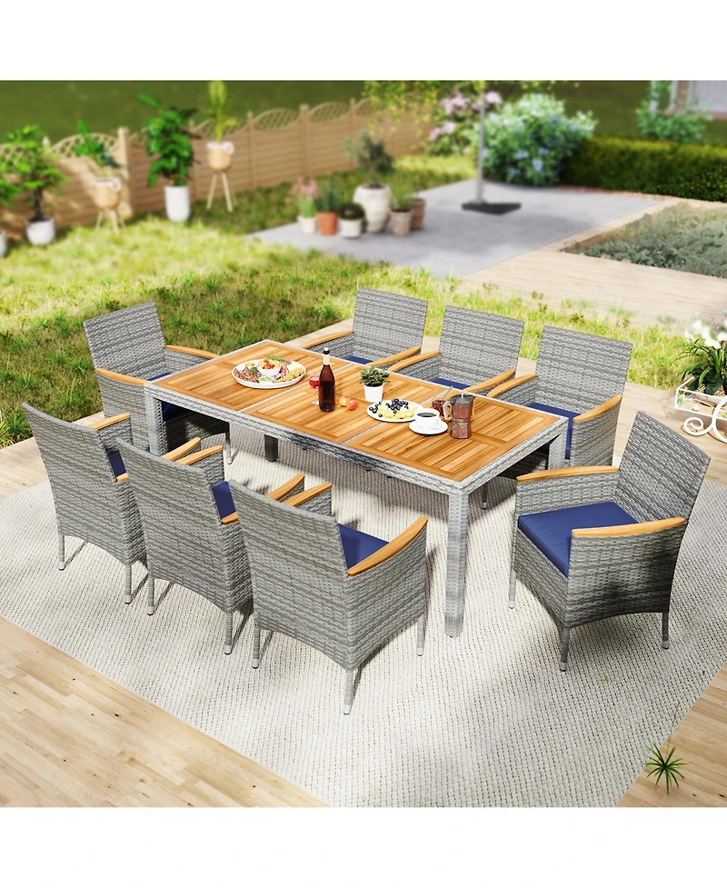 Gymax 9 Pieces Patio Pe Wicker Dining Set Outdoor Acacia Wood Table & Chairs