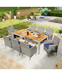 Gymax 9 Pieces Patio Pe Wicker Dining Set Outdoor Acacia Wood Table & Chairs