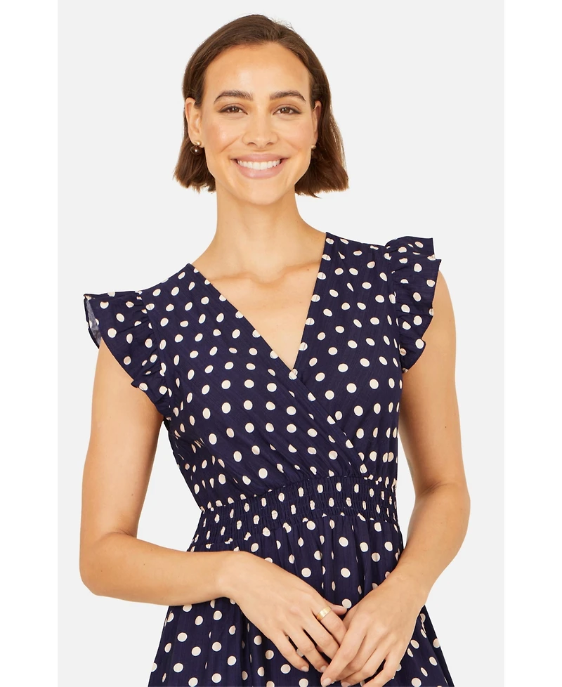 Yumi Women's Spot Ruched Waist Midi Dress