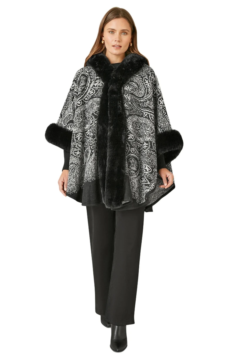 Yumi Women's Paisley Print Faux Fur Trim Cape