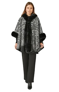Yumi Women's Paisley Print Faux Fur Trim Cape