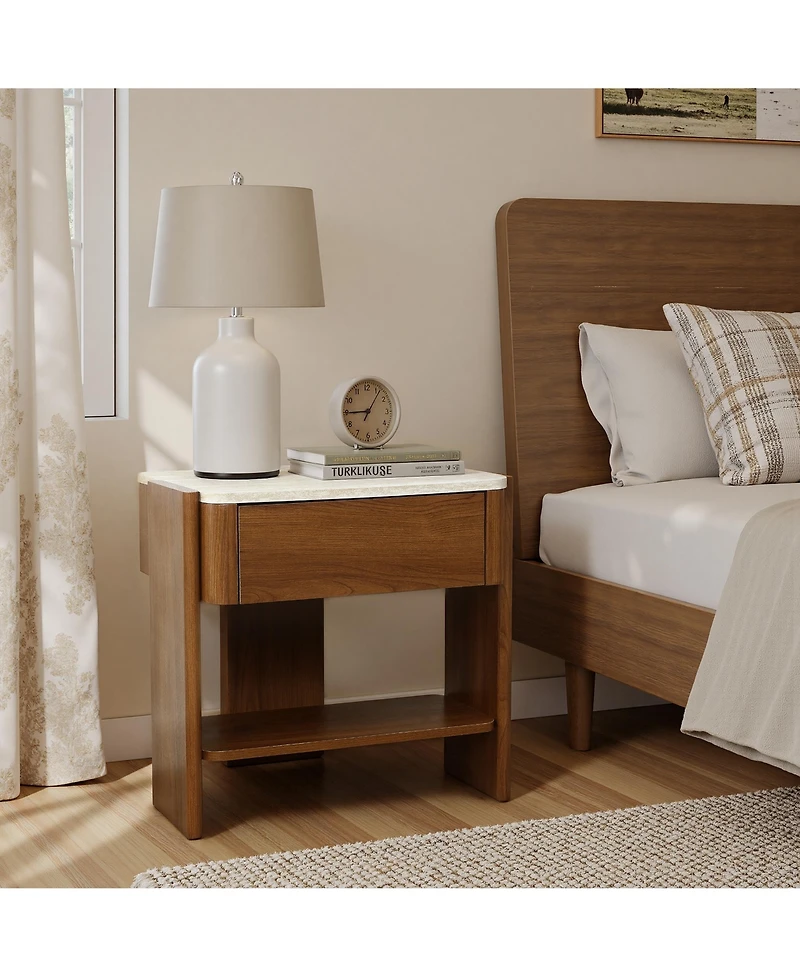 LuxenHome Faux Travertine Nightstand with Drawer and Open Shelf, Mdf Wood Accent Side Table