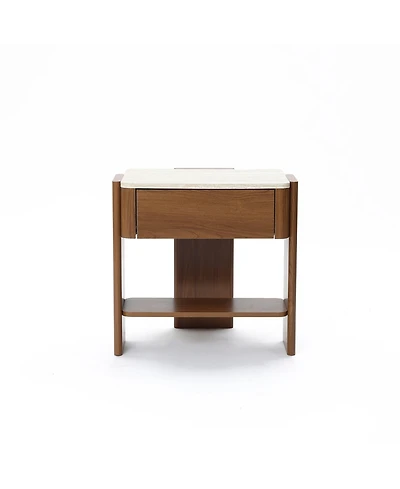 LuxenHome Faux Travertine Nightstand with Drawer and Open Shelf, Mdf Wood Accent Side Table