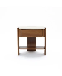 LuxenHome Faux Travertine Nightstand with Drawer and Open Shelf, Mdf Wood Accent Side Table