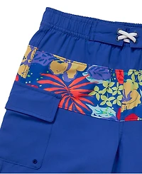 Lands' End Boys Chlorine Resistant Stretch Print Blocked Hydroliner Board Swim Trunks