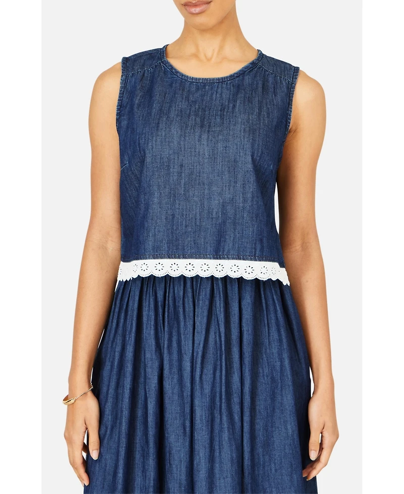 Yumi Women's Cotton Chambray Lace Trim Top