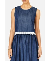 Yumi Women's Cotton Chambray Lace Trim Top