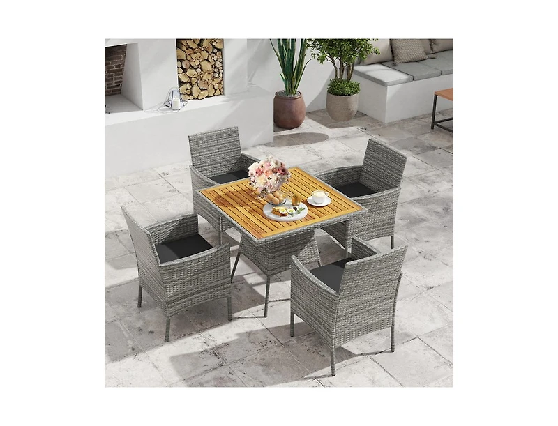 Slickblue Outdoor 5-Piece Wicker Dining Set with Acacia Wood Table