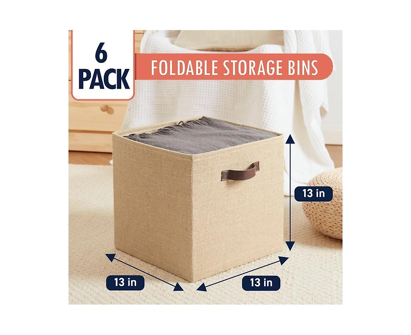 Ornavo Home 6 Pack Jute Storage Cube Bin Shelf Basket with Handles