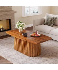 Tribesigns Farmhouse Coffee Table with Rounded Short Edges, 47.24 Inches Accent Center Table with Pleated Base & Large Tabletop, Wooden Furniture