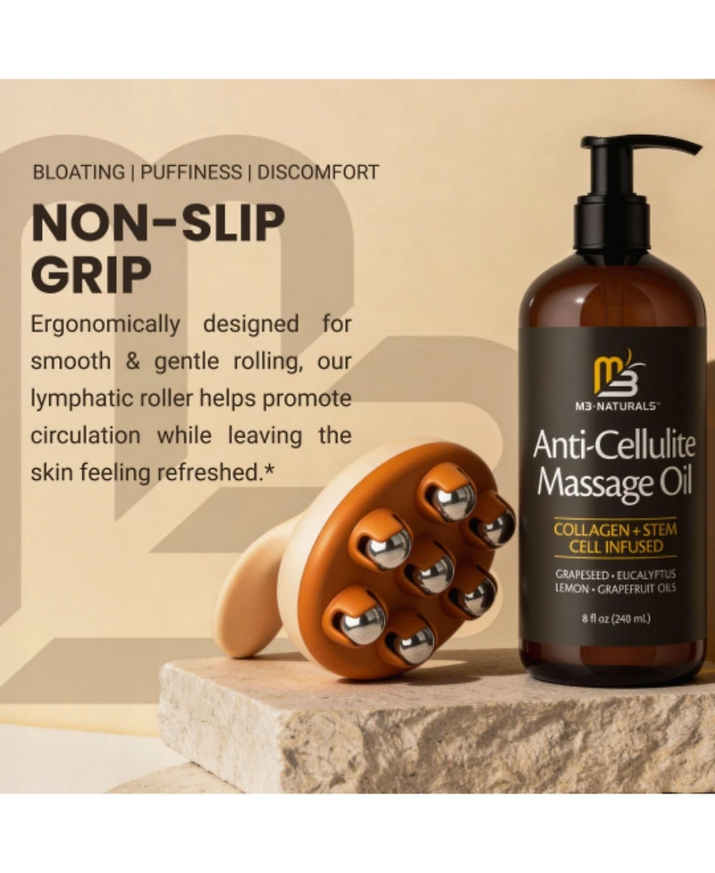 M3 Naturals Anti-Cellulite Massage Roller & Firming Body Massage Oil Bundle With Collagen & Stem Cell Cellulite roller for thighs & glutes Bundle