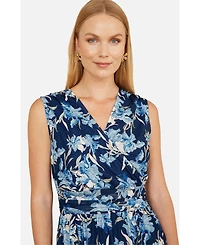 Yumi Women's Floral Wrap V Neck Midi Skater Dress