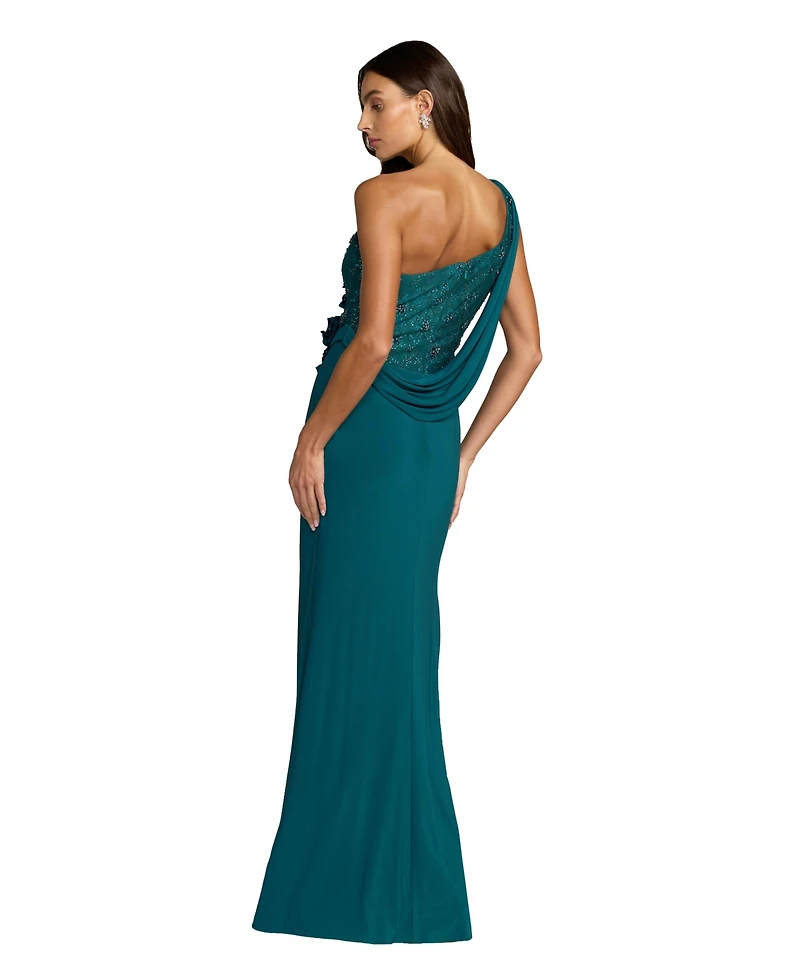 Mac Duggal Women's Jersey One Shoulder Cowl Gown With 3D Flowers