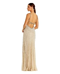 Mac Duggal Women's V-Neck Net Gown with Thin Straps and Elegant Embellishments