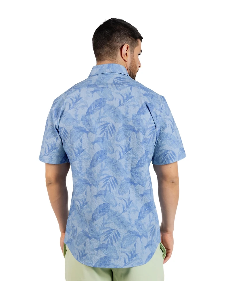 TailorByrd Men's Tropical Leaves Printed Seersucker Short Sleeve Shirt