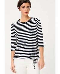 Olsen Women's Striped with Sequin Floral Embellishment T-Shirt