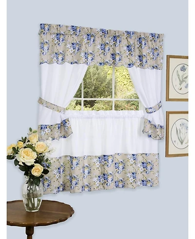 Kate Aurora 5 Piece Blue and White Floral Cafe Rod Pocket Kitchen Curtain and Valance Set