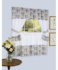 Kate Aurora 5 Piece Blue White Floral Cafe Rod Pocket Kitchen Curtain Valance Set