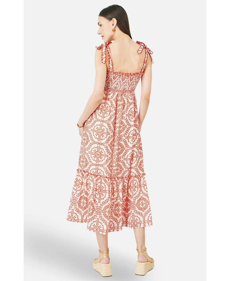 Yumi Women's Viscose Ruched Tie Strap Midi Sun Dress