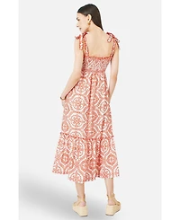 Yumi Women's Viscose Ruched Tie Strap Midi Sun Dress