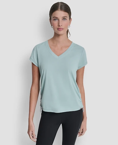 Dkny Sport Women's Ruched Side Seams V-Neck Tech T-Shirt