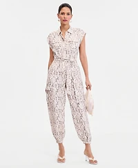 I.n.c. International Concepts Women's Short-Sleeve Snake Print Belted Jumpsuit, Macy's Exclusive