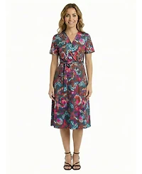 24seven Comfort Apparel Petite Paisley Print Short-Sleeve Tie Waist Dress