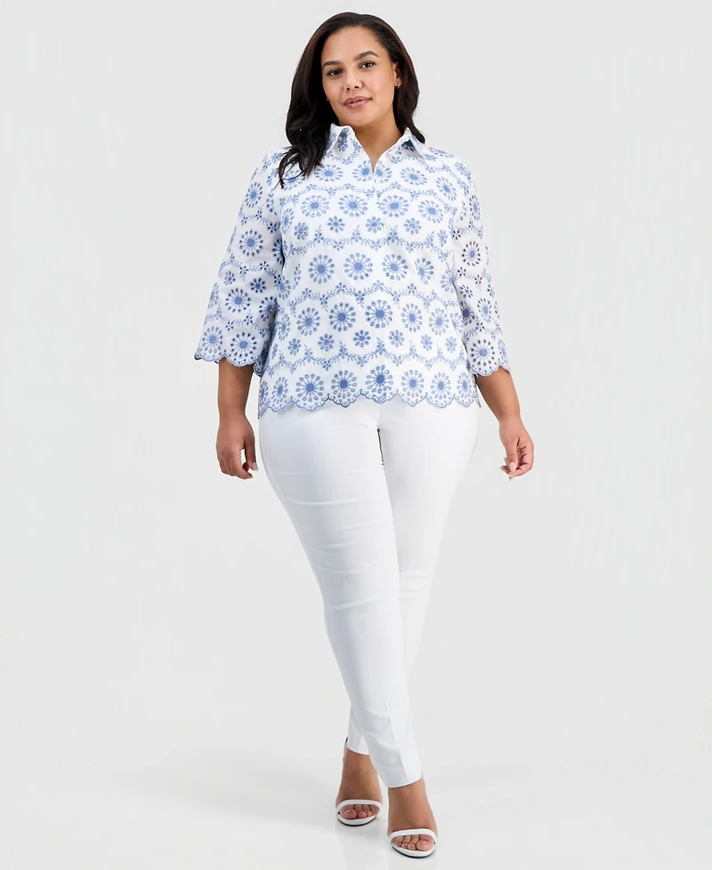 Anne Klein Plus Size Collared Eyelet-Embroidered Shirt
