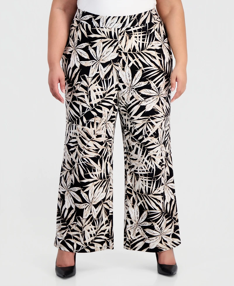 Kasper Plus Printed Pull-On Wide-Leg Ankle Pants