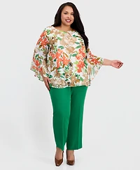 Kasper Plus Printed Ruffle-Sleeve Blouse