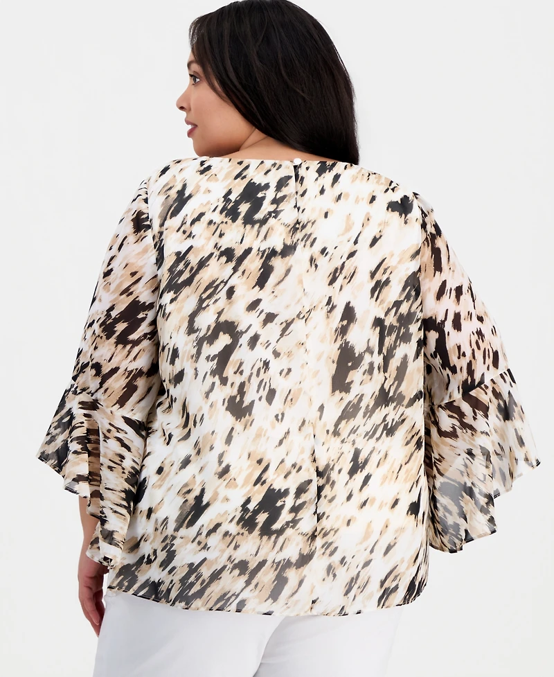 Kasper Plus Printed Boat-Neck Ruffle-Sleeve Blouse