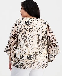 Kasper Plus Printed Boat-Neck Ruffle-Sleeve Blouse