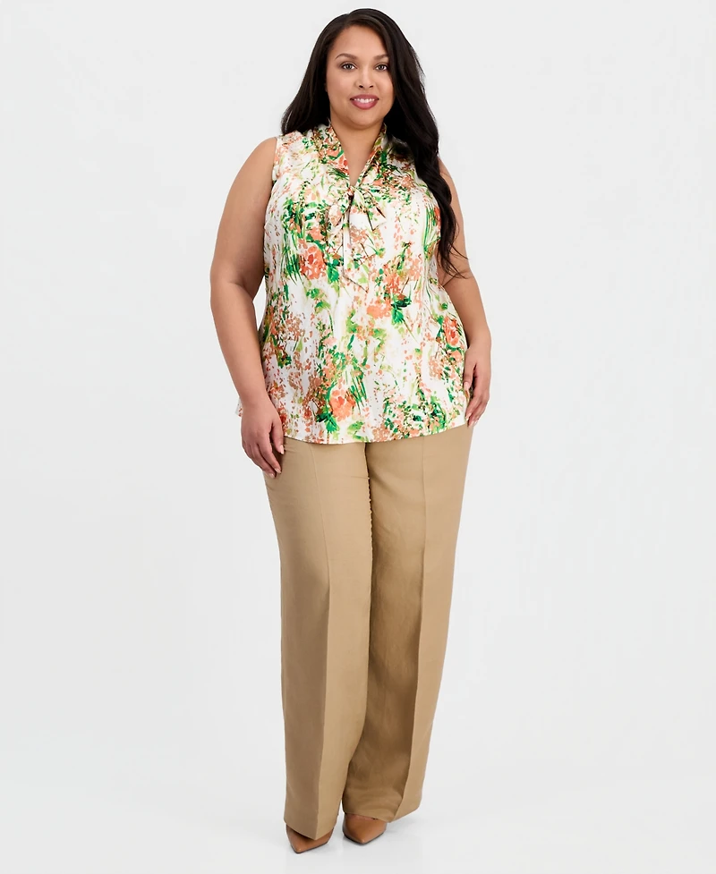 Kasper Plus Printed Tie-Neck Sleeveless Blouse
