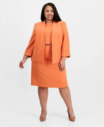 Kasper Plus Size Collarless Open Front Zip Pocket Jacket Boat Neck Sleeveless Sheath Crepe Dress