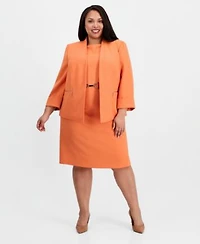 Kasper Plus Size Collarless Open Front Zip Pocket Jacket Boat Neck Sleeveless Sheath Crepe Dress