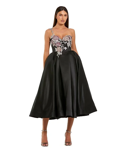 Mac Duggal Women's One Shoulder Satin Midi Dress With Beaded Flowers