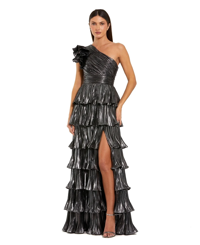 Mac Duggal Women's Pleated Metallic Tiered Ruffle One Shoulder Gown
