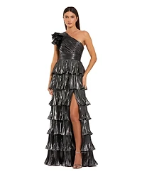Mac Duggal Women's Pleated Metallic Tiered Ruffle One Shoulder Gown