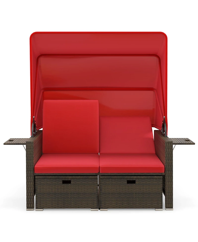 Gymax Rattan Daybed w/ Adjustable Backrests and Retractable Canopy for Patio